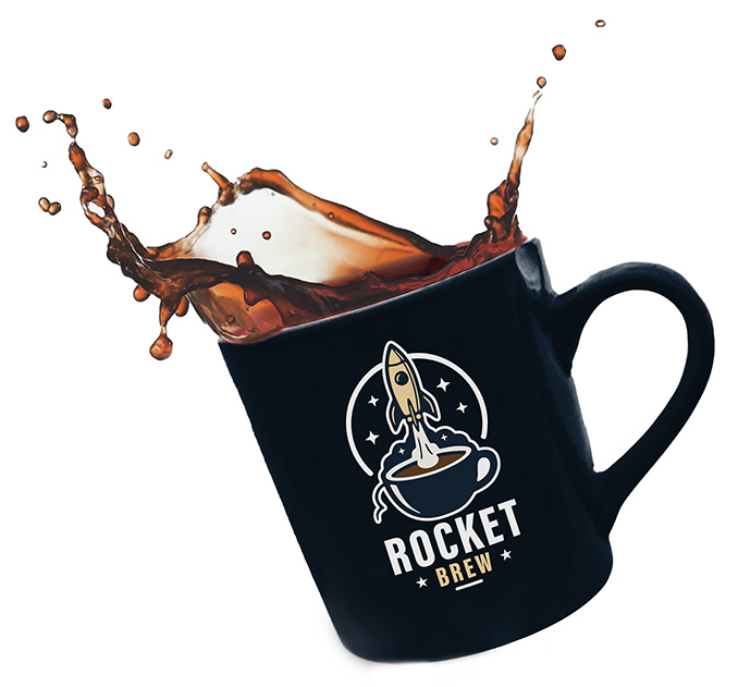 Rocket Brew Logo on cup of coffee